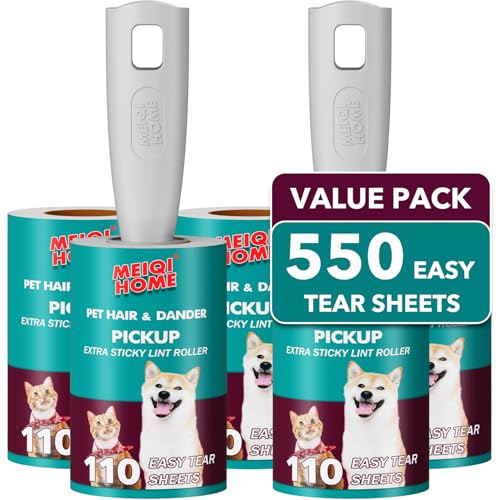 Lint Rollers for Pet Hair Extra Sticky, 550 Sheets Mega Value Set Lint Roller with 2 Upgraded Handles, 5 Rollers Portable Pet Lint Remover for Clothes, Furniture, Carpet, Dog & Cat Hair Removal - size: 550 SHEETS