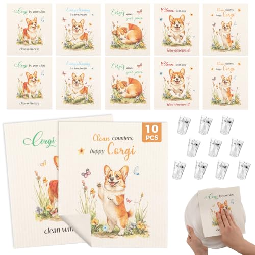 wlich 10PCS Swedish Dishcloths for Kitchen, Reusable Dish Rags for Washing Dishes with Clips, Non-Scratch Kitchen Towels and Dishcloths Sets, Washable Swedish Dish Cloths, No Odor(Dog) - color: Dog, size: 10PCS