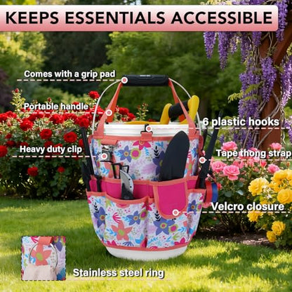 KUNN 5 Gallon Bucket Organizer 18-Pocket Bucket Tool Bag with Hangable Handle, Heavy-Duty Garden Tool Organizer Bag for Gardening Tools, Fits 3.5-5 Gal Buckets, Includes Comfort Grip Pad, Red - style: White Blossom