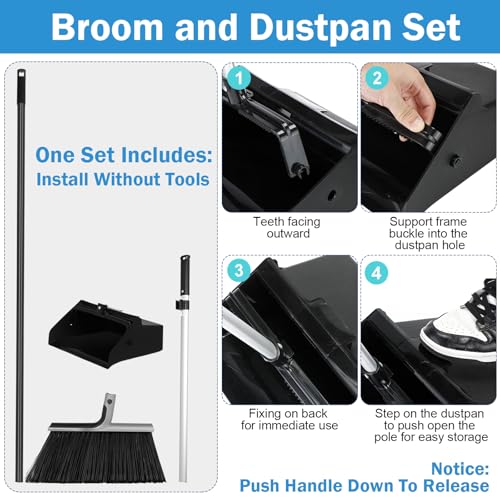Lallisa 4 Pack Commercial Broom and Dustpan Combo Set 58'' Long Handle Upright Broom with 4-Layer Bristles Standing Dustpan Heavy Duty Lobby Dust Pan Bulk for Home Kitchen Office Indoor Outdoor Use