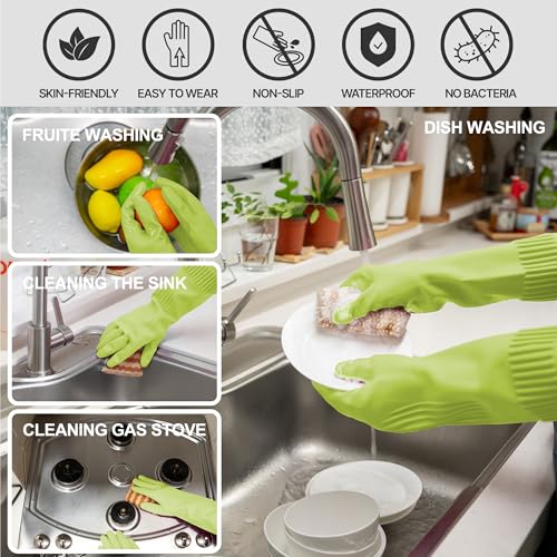 DABOGOSA Reusable Waterproof Household Dishwashing Cleaning Rubber Gloves, Non-Slip Kitchen Glove (Green, Large (Pack of 3)) - color: Green, size: Large (Pack of 3)