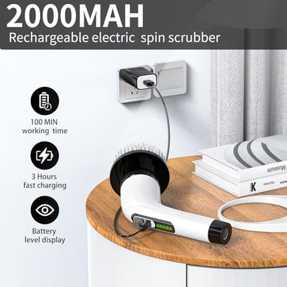 Cordless Electric Spin Scrubber - IPX7 Waterproof, LCD Display, 8 Brush Heads, Adjustable Extension Handle, for Shower, Bathtub, Tile, Grout, Kitchen, Bathroom Cleaning