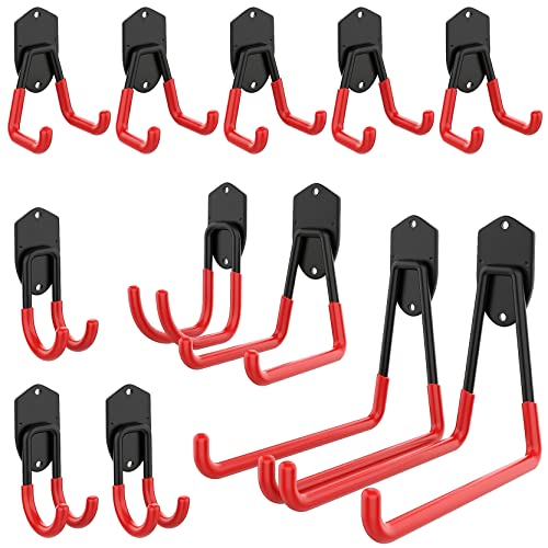 WALMANN 12 PCS Garage Storage System Hooks, Wall Mount Heavy Duty Rubber Coated Utility Hooks for Garden Tools, Ladders, Cords, Folding Chairs, Weed Eaters, Shovels and Rakes