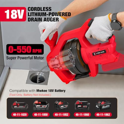 Cordless Electric Drain Auger Compatible with Milwaukee 18V Battery, Auto-Feed Plumbing Drain Snake with 23.62FT Cable, Drain Clog Cleaner Tool for Sink, Toilet, Bathtub, Sewer (Battery Not Included)
