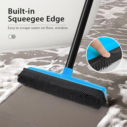 JEHONN Rubber Broom Carpet Rake Brush for Pet Hair with Squeegee, 52.8 inches Long Handle Silicone Fur Scraper Removal Tool with Detailing Lint Comb for Rug, Tile, Hardwood Floor Cleaning (Blue) - color: Blue