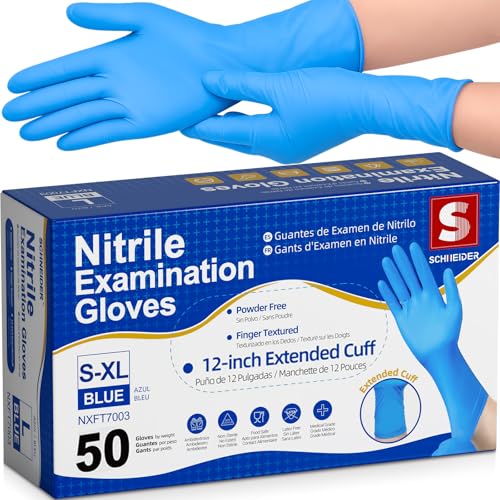 Schneider Nitrile Exam Gloves, Extended 12 Inches Cuff, Medium, 4 mil, 50-ct Box, Gloves Disposable Latex Free, Powder Free for Medical, Food Prep, Cleaning, Cooking, Blue - size: Medium