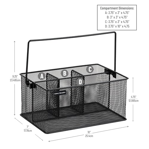 Mind Reader Multi-purpose Storage Caddy with Handle, Desktop Organizer, Cutlery Holder, 4 Compartments, Metal Mesh, Black - color: Black
