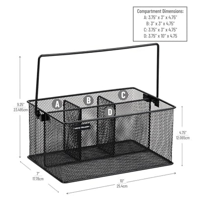 Mind Reader Multi-purpose Storage Caddy with Handle, Desktop Organizer, Cutlery Holder, 4 Compartments, Metal Mesh, Black - color: Black
