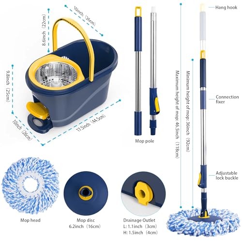 Spin Mop and Bucket with Wringer Set, 360° Rotating Microfiber Mop, Adjustable Handle, Hands-Free Wringing, Reusable Mop Heads (Light Yellow mop and Bucket + 5 mop Head) - color: Light Yellow Mop and Bucket + 5 Mop Head
