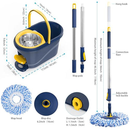 Spin Mop and Bucket with Wringer Set, 360° Rotating Microfiber Mop, Adjustable Handle, Hands-Free Wringing, Reusable Mop Heads (Light Yellow mop and Bucket + 5 mop Head) - color: Light Yellow Mop and Bucket + 5 Mop Head