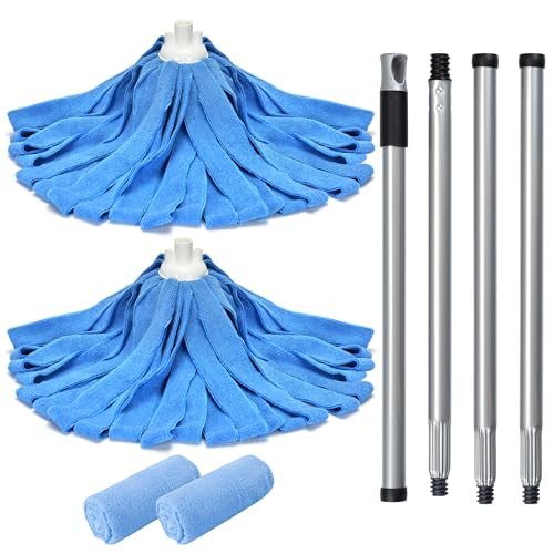 Matthew Microfiber Mop Compatible with Ceda Refill - Commercial Mop Replacement 54" Stainless Steel Handle with 2 Wet Mop Heads w/1 Handle Incl. 2 Pcs Blue Microfiber Cloth - color: Blue
