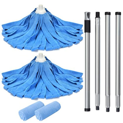 Matthew Microfiber Mop Compatible with Ceda Refill - Commercial Mop Replacement 54" Stainless Steel Handle with 2 Wet Mop Heads w/1 Handle Incl. 2 Pcs Blue Microfiber Cloth - color: Blue