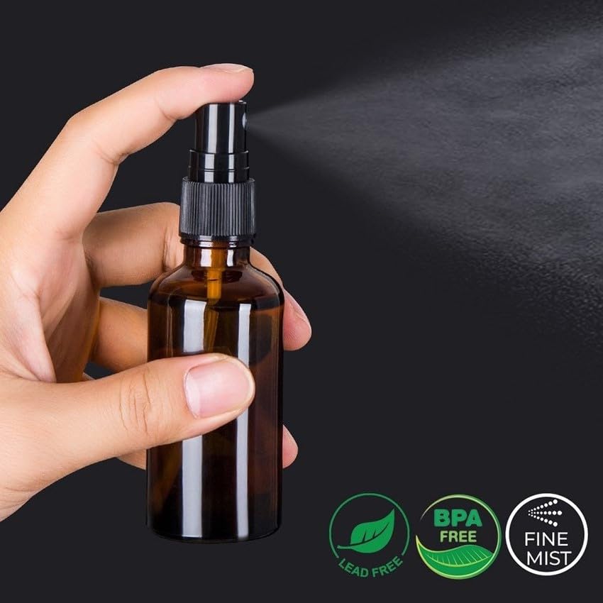 9 Pack Amber Glass Small Spray Bottles, 2oz Travel Fine Mist Empty Mini Spray Bottles for Essential Oils and Hair - color: Amber-9 Pack