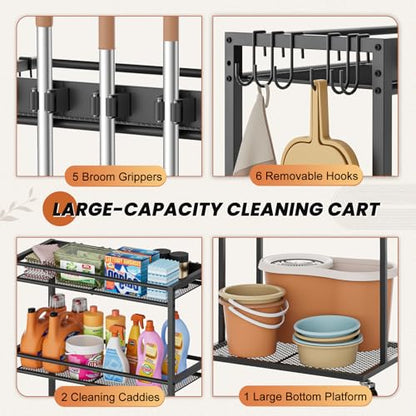 Broom Holder with Cleaning Supplies Organizer, Broom Closet Storage Cabinet with Mop Hanger Gripper Rack Hooks, Cleaning Housekeeping Janitorial Cart with Cleaning Caddy, Laundry Room Organization - size: Regular