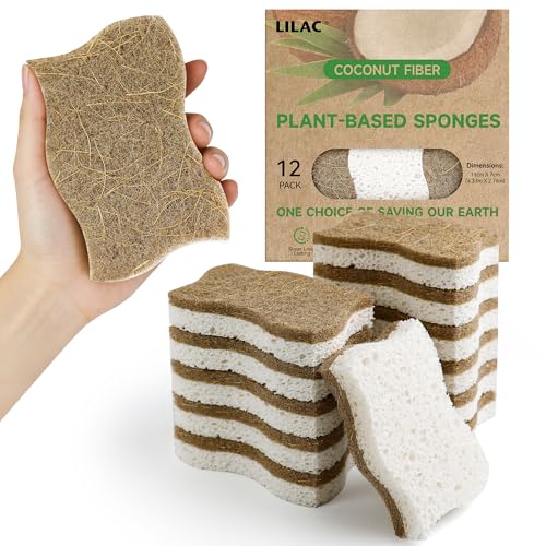 LILAC 12 Pack Natural Cellulose Sponges for Dishes - Non-Scratch Kitchen Scrub Sponges - 100% Biodegradable & Eco-Friendly Cleaning Sponges for Non-Stick Cookware, Bathroom & Household - color: Coconut Fiber, White