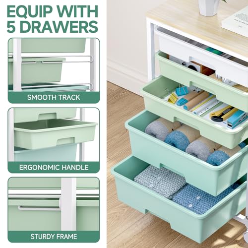 SYKIARIOL Utility Cart with 5 Drawers,Storage Cart with Wooden Tabletop and Lockable Wheels,Craft Storage Trolley Organizer,5-Tier Rolling Utility on Wheels,Light Green - color: Green