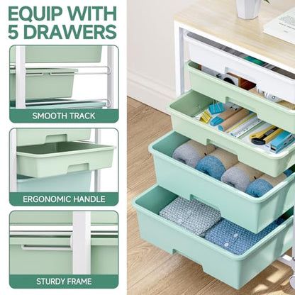 SYKIARIOL Utility Cart with 5 Drawers,Storage Cart with Wooden Tabletop and Lockable Wheels,Craft Storage Trolley Organizer,5-Tier Rolling Utility on Wheels,Light Green - color: Green