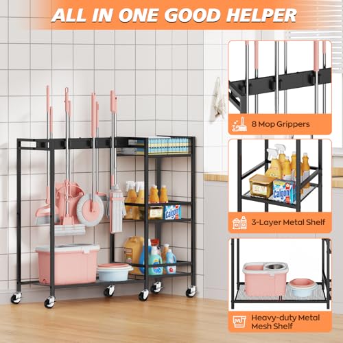 Broom and Mop Holder, Broom Closet Storage Cabinet with Cleaning Supplies Organizer, 2-in-1 Broom Mop and Cleaning Supplies Storage Cleaning Cart, Cleaning Cart with Wheels for Housekeeping - size: 37.4" x 13" x 34.2"
