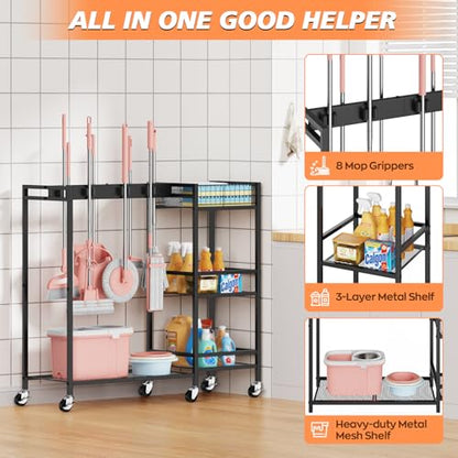 Broom and Mop Holder, Broom Closet Storage Cabinet with Cleaning Supplies Organizer, 2-in-1 Broom Mop and Cleaning Supplies Storage Cleaning Cart, Cleaning Cart with Wheels for Housekeeping - size: 37.4" x 13" x 34.2"