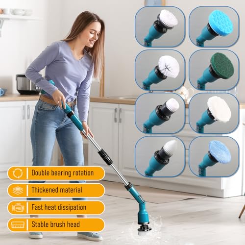 Electric Spin Scrubber for Makita 18V, Cordless Shower Cleaner with Free Adjustable Extension Arm, 1000RPM Clean Brush Waterproof w/ 8 Replaceable Heads for Tile Tub Kitchen Floor (NO Battery)
