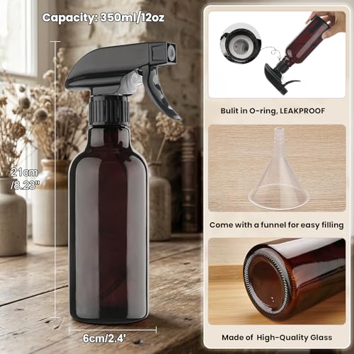 Glass Spray Bottles 12oz Empty Spray Bottle Mist/Stream Spraying Small Refillable Containers for Hair Care, Cleaning Solutions, Plants, Essential Oils 2 Pack (Brown, 12oz) - color: Brown, size: 12oz
