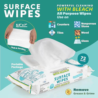 Juniper CLEAN 24 Pack Surface Cleaning Wipes with Bleach, All-Purpose Cleaner for Bathroom, Kitchen, Office, 1728 Count Soft Flow, Fresh Scent, Lint Free & Durable - size: 72 Count (Pack of 24)