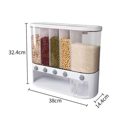 Dry Food Dispenser,Wall mounted 5 Grid Cereal Dispenser,Rice dispenser 25 pounds Kitchen Storage with Measuring Cup