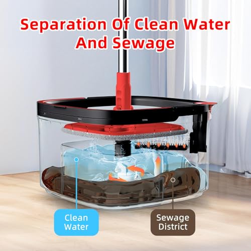 Spin Mop and Bucket Set with Separation Dirty and Clean Water System, Self Wringing 360° Rotating Clean Mop-Head and Bucket Set for Hardwood Tile Marble Floor with 6pc Replaceable Mop Pads - size: Black+Red Mop Set with 6 Pads