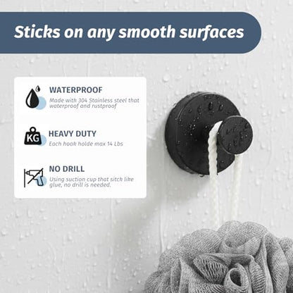Rise age Suction Cup Shower Hooks, Suction Towel Hooks for Bathrooms | Waterproof, No Drill, Heavy Duty, Stainless Steel, Removable, Renter Friendly, Easy to Install, Black 4 Pcs - color: Black