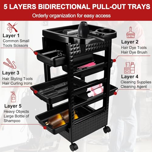 Roixeeds Salon Trolley Cart with Wheels and 5 Drawers, Salon Rolling Cart for Hair Stylist