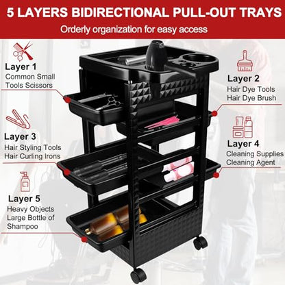 Roixeeds Salon Trolley Cart with Wheels and 5 Drawers, Salon Rolling Cart for Hair Stylist