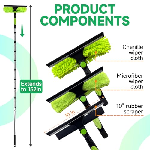 Professional 152" Window Squeegee Cleaner Tool with Extension Pole, 2-in-1 Squeegee for Window Cleaning Kit with Scrubber and Rotating Head, Window Cleaner for Car, Sliding Door, Shower Glass Door