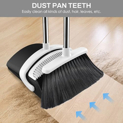 Broom and Dustpan Set for Home, 51-in Long Adjustable Handle Angle Broom and Dustpan Combo Set with Dust Pan Teeth to Clean Hair for Home Kitchen Office Lobby Floor Garden (Black&White) - color: Black White
