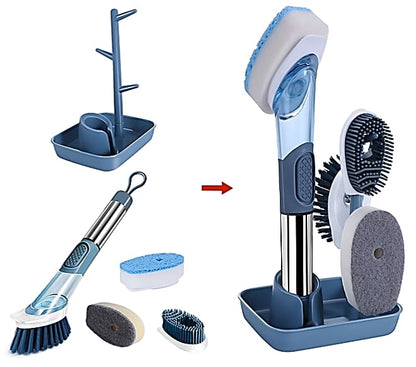 Soap-Dispensing Dish Washing Brush Set – Includes 4 Replaceable Heads & Stylish Storage Stand – Effortless Scrubbing for Dishes, Pots, Pans & Sinks