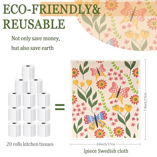 6 - Pack Swedish Kitchen Dish Cloths - Reusable Paper Towels for Counters & Dishes - Eco Friendly Cellulose Sponge Cloth (Broken Flowers) - color: H-broken Flowers