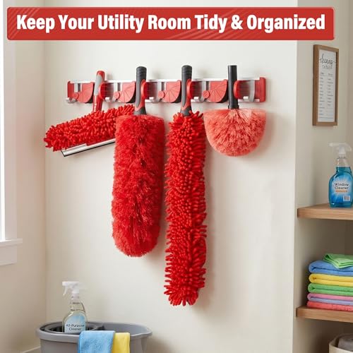 20FT High Reach Ceiling Duster Kit with 5-12ft Extension Pole – Fan & Cobweb Cleaner, Microfiber Feather Duster, 2-in-1 Window Squeegee, 270° Rotating Head, Reusable & Washable, Wall-Mount Rack
