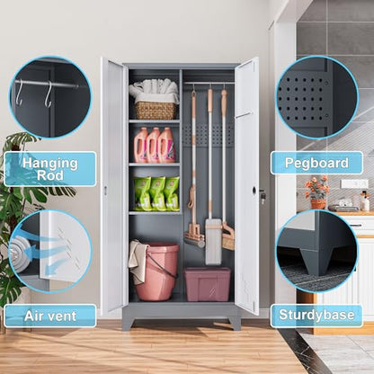61" Metal Storage Cabinet with Lockable Doors, Cleaning Supply Cabinet with Pegboard and Hanging Rod. Garage Tool Storage Cabinets for Home, Laundry, Office, Home Kitchen Utility Cabinet - size: 61" Cabinet White & Gray