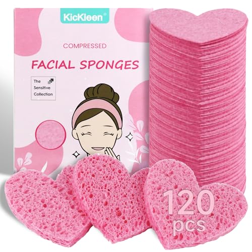 120-Count Kickleen Compressed Cellulose Heart Shape Facial Sponges | Natural Cosmetic Spa Sponges for Facial Cleansing | Exfoliating | Makeup Mask Removal | Reusable | Skin Massage (120 Count (Pink)) - color: 120 Count (Pink)