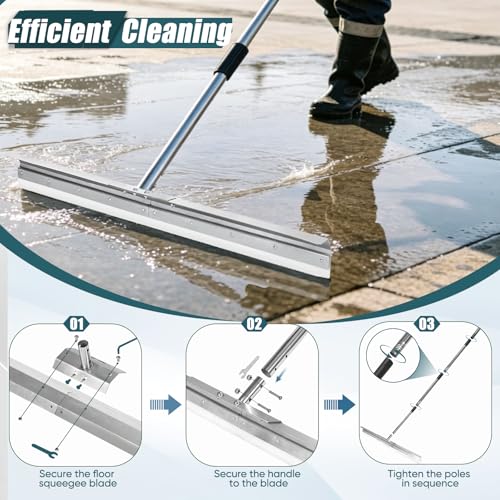 Heavy-Duty Large Floor Squeegee for Concrete, 33.4" Commercial Silicone Blade Squeegee for Floor with 63" Stainless Handle, Anti-Splash Curved Baffle for Garage, Factory, and Tough Cleaning Jobs - size: Large