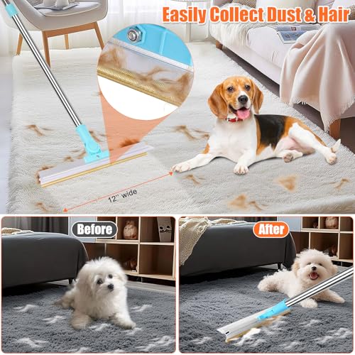 Carpet Rake for Pet Hair Removal, 2 in 1 Pet Hair Remover Tool with Squeegee, Durable Sturdy Dog Cat Hair Rake, 60‘’ Adjustable Handle, 12'' Wide Rake Scraper Carpet Broom for Carpet Rug Mat Cleaning
