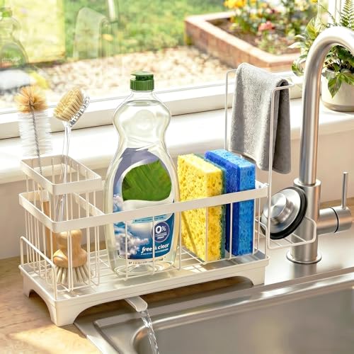 Sponge Holder for Kitchen Sink, Self-Draining Sink Caddy with Detachable Cloth & Dish Brush Rack, Metal Sponge Caddy Organizer for Kitchen Countertop Organizers and Storage Accessories, White - color: White
