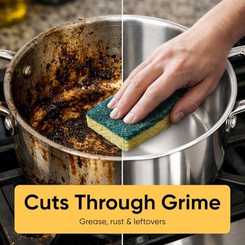 Scrubee Heavy Duty Scrub Large Sponge with Scouring Pad, Kitchen Dishwashing, Sink, Pot and Frying Pan Cellulose Scrubber Sponge Non Scratch. By Superio… (6" 3 Pack) - color: Large Green, size: 3-pack