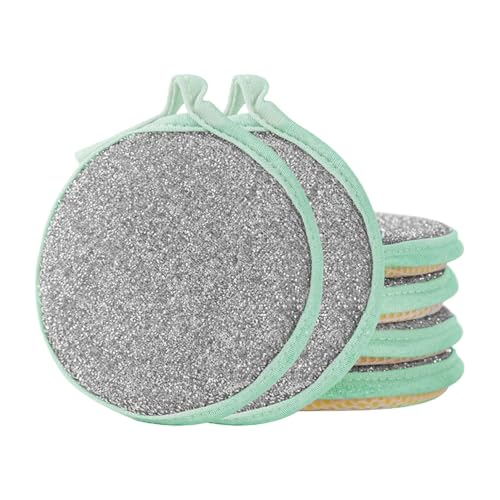 6PCS Double-Sided Dish Sponge Wire Dishwashing Rag Multipurpose Dishwashing Cloths for Wet and Dry Non Scratch Round Kitchen Cleaning Rags Clean Pads for Sinks Pots Pans Stove Tops (Green) - color: Green
