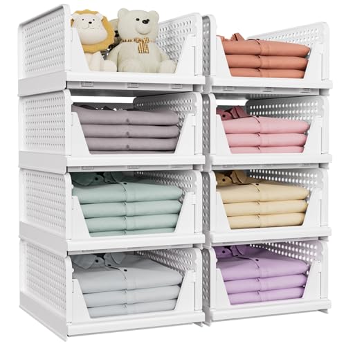 SNSLXH 8 Pack Stackable Closet Storage Bins, Multifunctional & Foldable Closet Organizers and Storage for Bathroom Kitchen Laundry Room Drawer Shelf Storage, Space-Saving Wardrobe Organizer, White - color: White, size: 8 Pack