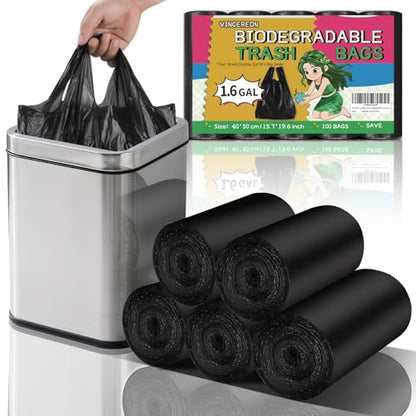 1.6 Gallon Small Trash Bags Bathroom Black, Mini Garbage Bags with Handles,（Fit 1.3-1.5Gal）6 Liter Unscented Wastebasket Liners for Car Office Kitchen, Biodegradable, 100 Count - color: 1.6gal100-BlackWithHandle