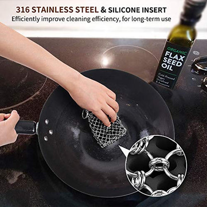 Herda 316L Cast Iron Scrubber Cleaner, Large Chainmail Scrubber for Cast Iron Pan - Chain Mail Scrubber Cast Iron Sponge - Metal Cast Iron Skillet Scrubber, Wok, Dutch Oven Cast Iron Cleaning Kit - color: Black