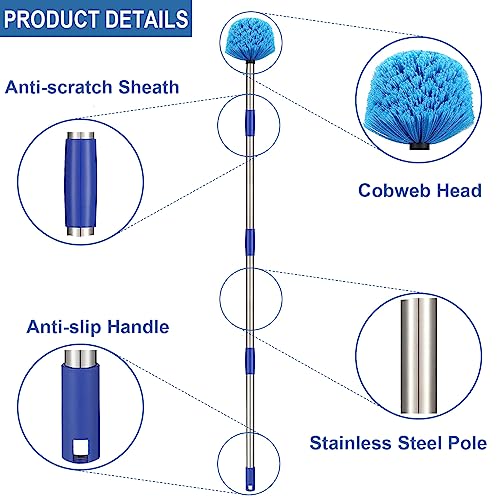 Cobweb Duster with Pole, 8ft Stainless Steel Pole Cobweb Brush with Medium-Stiff Bristles for Walls Beams Shelves Iight Fixtures and Window Screens - size: 8FT