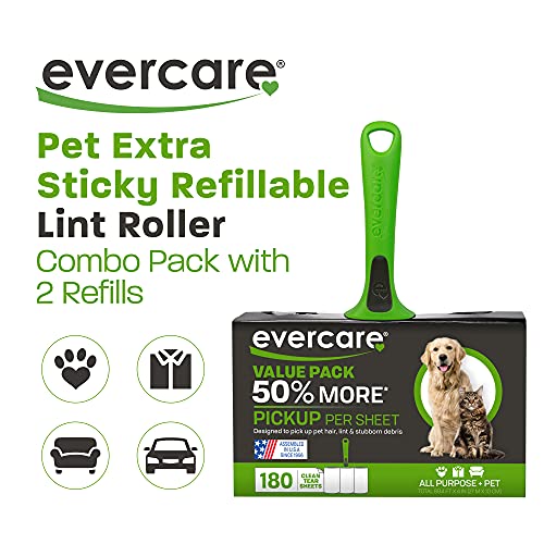 Evercare All Purpose Pet Hair Lint Roller with 2 Refills, 180 Total Sheets – Reusable Sticky Roller for Pet Hair, Cat & Dog Hair Remover, Lint Remover, Pet Hair Remover for Furniture, Clothing & Cars - size: Lint Roller