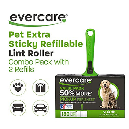Evercare All Purpose Pet Hair Lint Roller with 2 Refills, 180 Total Sheets – Reusable Sticky Roller for Pet Hair, Cat & Dog Hair Remover, Lint Remover, Pet Hair Remover for Furniture, Clothing & Cars - size: Lint Roller