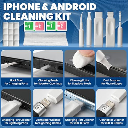 2026 Upgrade Phone Cleaning Kit 57PCS, iPhone Cleaning Kit, Airbud Cleaning Kit for AirPods, Keyboard Cleaning Kit, Charging Port Cleaner for Apple Lightning/Android USB-C (White, with 10 Mini Brush) - color: White (57PCS)